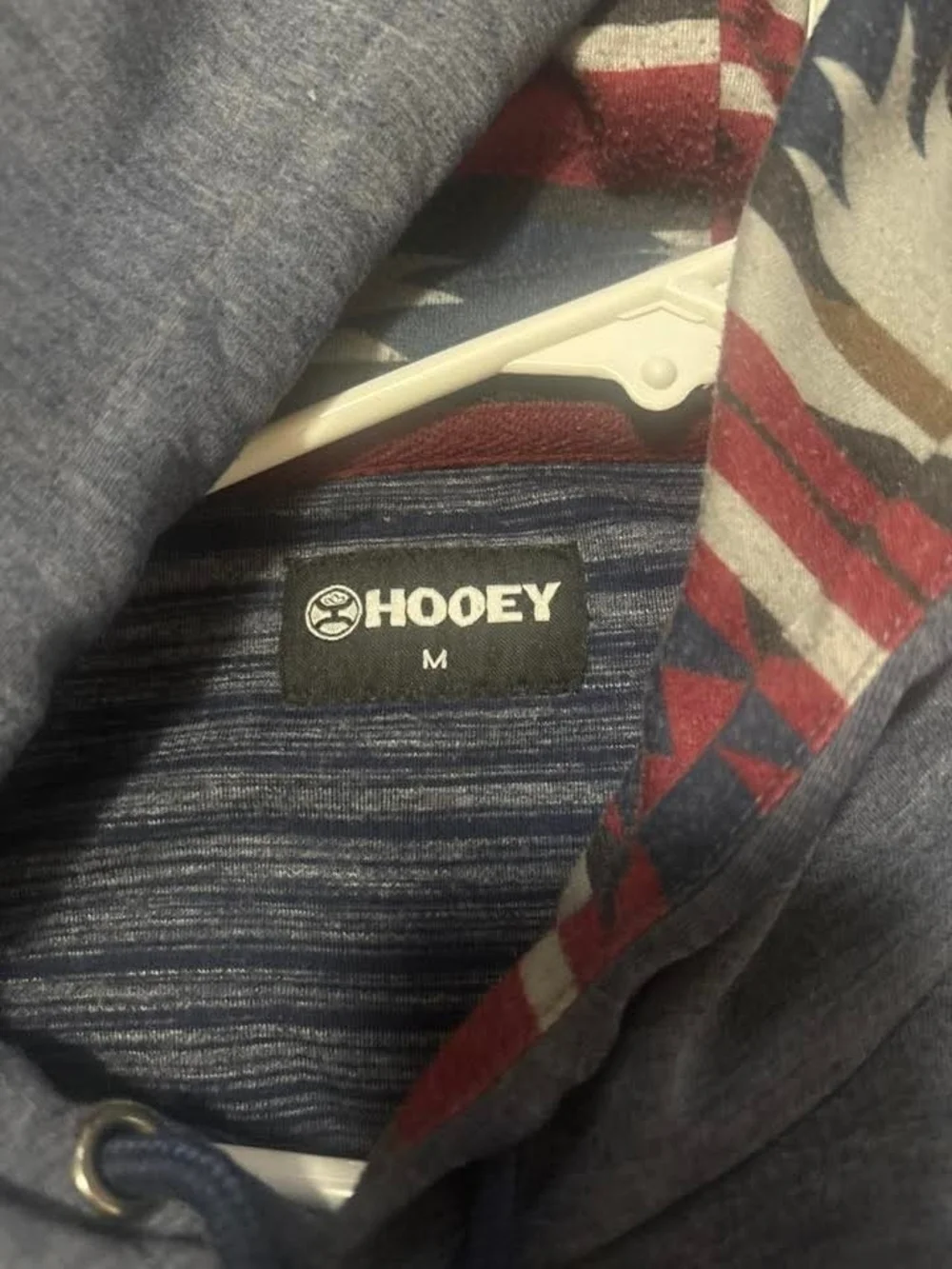 Hooey Blue Hoodie with Patterned Red & Cream Sleeves